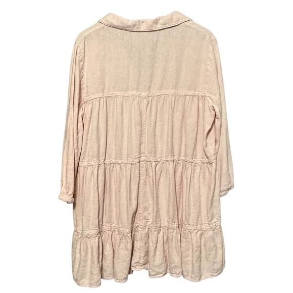 ZARA Linen Blend Pink Pastel Tiered Babydoll Button Collared Neckline Mini Dress - Picture 9 of 10